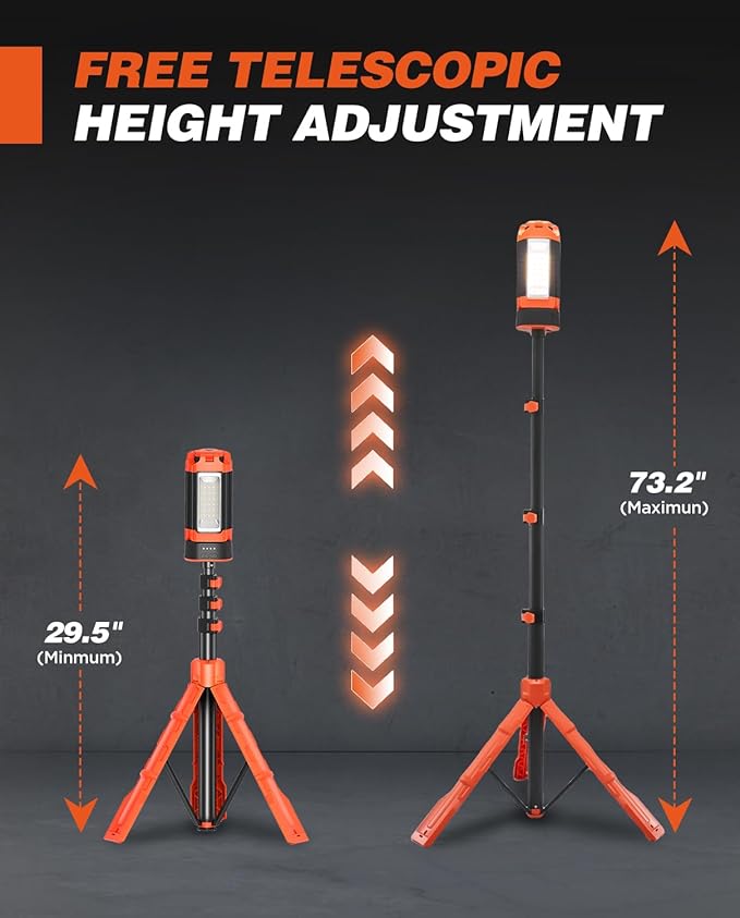 Saker Portable Camping Light with Stand 73.2" Rechargeable Work Light 800/3200 Lumen 4000/6500K Dimmable Emergency Flashlight for Garage, Outdoor Work, Power Outages, Fishing LD10 Orange