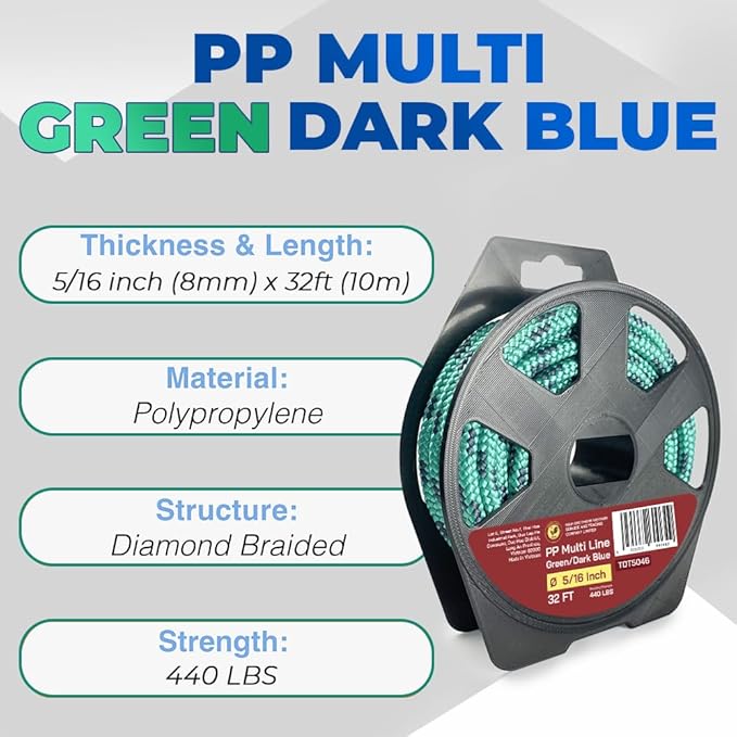 5/16" - 32' (8 mm x 10 m) 16 Strand Strong Heavy-Duty Tactical Paracord, Clothes Line Camping Utility - All-Purpose Lightweight Diamond Braid Rope for Tie, Pull, Swing, Knot