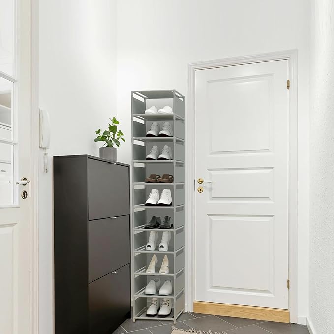 Vertical Shoe Rack, 10 Tier Grey Narrow Shoe Organizer for Closet Entryway, Tall Slim Shoe Tower for Small Spaces, Space Saving Corner Shoe Shelf