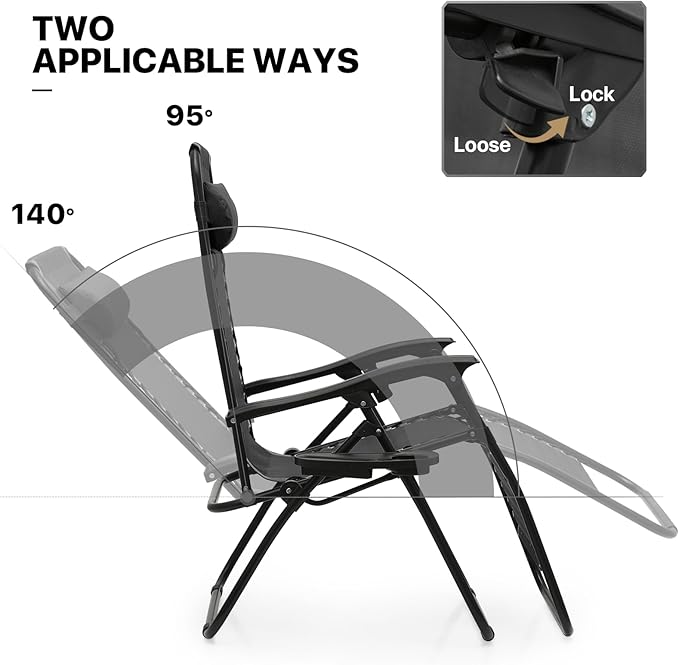 MoNiBloom Oversized Lounge Beach Chairs for Outside, 29" XL Zero Gravity Camping Chairs with Side Table, Pillow and Tray, 330lbs Capacity, Black