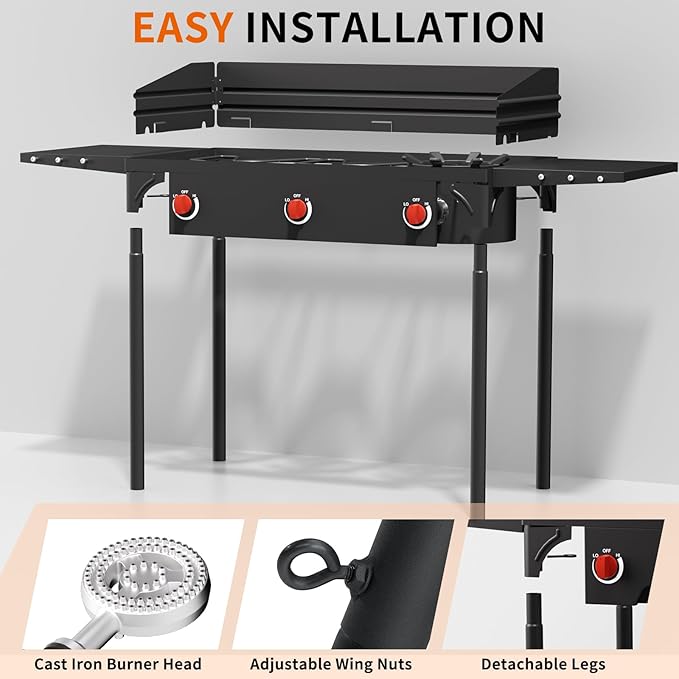 SKOK 3 Burners Portable Propane Stove with Side Shelves & Wind Panel, Camping Stove with 225,000 High Efficiency Propane Burner, Outdoor Stove for Camping, Backyard, Picnic