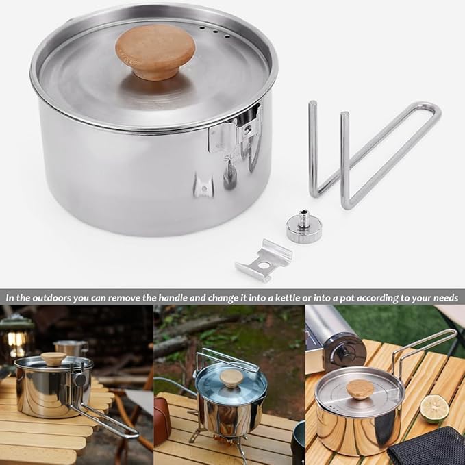 BSGB Camping Pot with Lid Fork Knife Spoon Bag and Detachable Handle 1L/34oz 304 Stainless Steel Pot Travel Coffee Pot Camping Tea Kettle Cookware Hiking Picnic Backpacking Survival