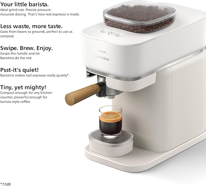 Philips Baristina Espresso Machine, Grind, Tamp & Brew Coffee Beans in One Swipe, Compact, 16 Bar Pump Pressure, Automatic Grinder, Natural White with Ash Wood Portafilter (BAR302/20)