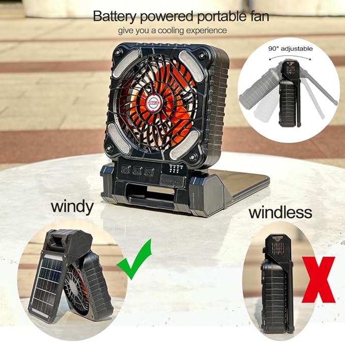 Solar Powered Camping Fan with LED Lantern,10000mAh Rechargeable Battery Operated Portable Fan,4 Speeds/Timer/Power Bank 90° Folding USB Personal Desk Fan (Black&Orange)