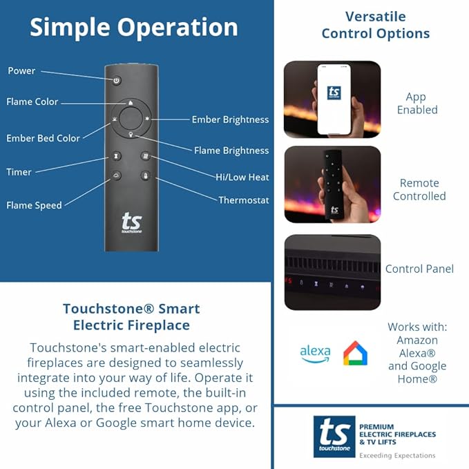 Touchstone Smart Electric Fireplace-The Fury 50" Wide- 4.5" Thin in Wall Recessed-100 Realistic Flame/Ember Bed Color Combos-1,500W Heater-Larger Viewing Area-Alexa/WiFi Enabled