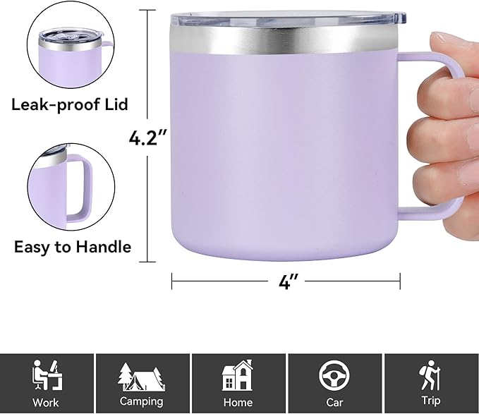 VEGOND 14 oz Insulated Coffee Mug with Handle, Stainless Steel Travel Coffee Mug with Lid, Double Wall Vacuum Metal Coffee Cup, Coffee Tumbler Powder Coated, Purple 1 Pack