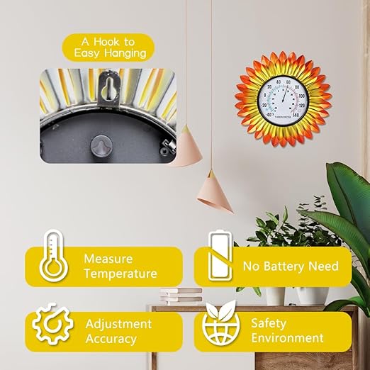 VEWOGITF Outdoor Thermometer, Metal Wall Themometer No Need Battery, Yellow Flower Indoor Thermometer with Large Number for Patio Room Decor