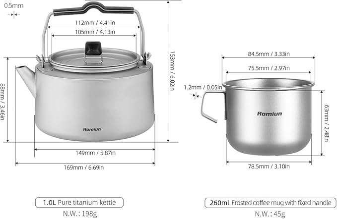 Camping Kettle Titanium Camp Tea Coffee Pot Portable Lightweight Tea Kettle Teapot Fast Heating Campfire Kettle for Stove Top, Boiling Water, Outdoor, Hiking, Camping, Picnic, Traveling
