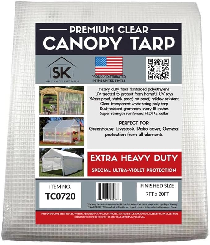16 Mil Clear Poly Heavy Duty Tarp with Fiber Reinforcement - True Size Tarps with UV Protection, Tear Resistance, Flexibility, Reinforced Corners 7x20