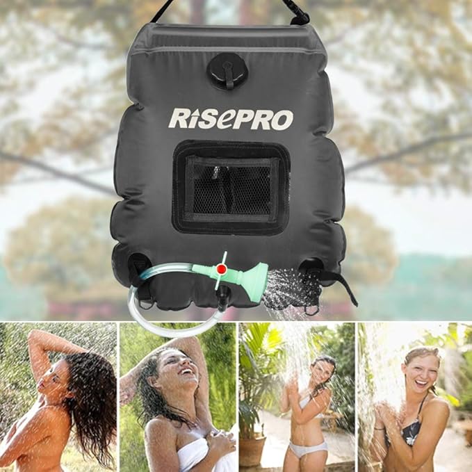 Solar Shower Bag, RISEPRO 5 gallons/20L Solar Heating Premium Camping Shower Bag Hot Water with Temperature 45°C Removable Hose on/Off Switchable Shower Head Hiking Climbing Summer Shower K8