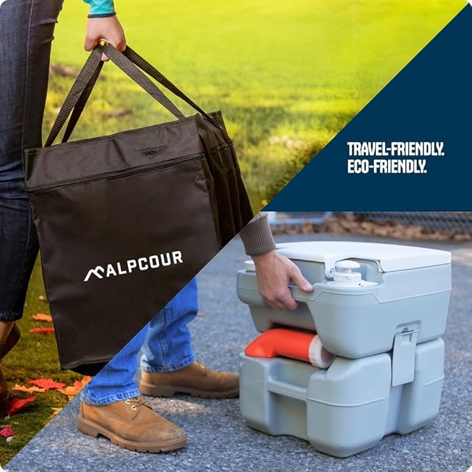 Alpcour Portable Toilet – Compact Indoor & Outdoor Commode w/Travel Bag for Camping, RV, Boat – Piston Pump Flush, 6 Gallon Waste Tank, Built-In Pour Spout & Washing Sprayer for Easy Cleaning
