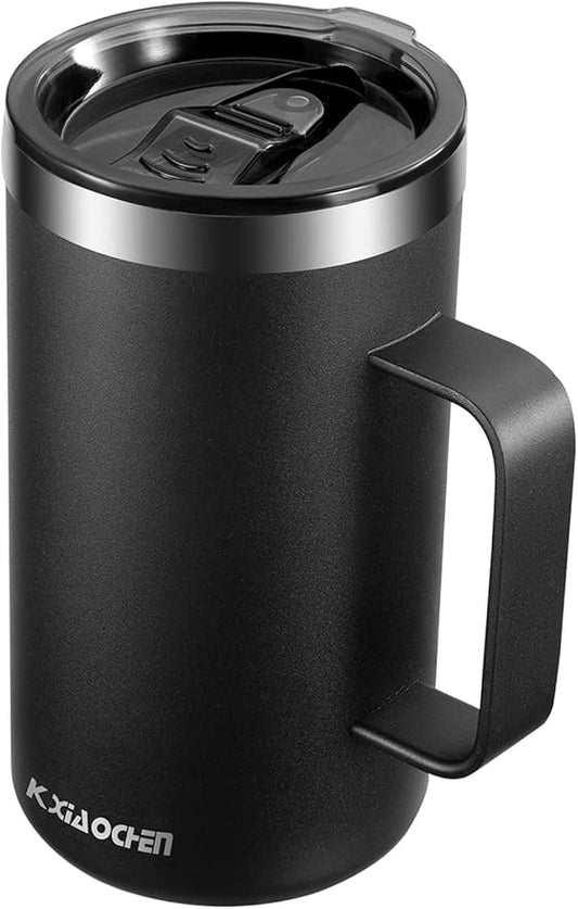 KXIAOCHEN 20oz Insulated Coffee Mug with Lid, Stainless Steel Coffee Cup, Double Wall Vacuum Coffee Tumbler with Handle, Premium Thermal Travel Coffee Mug (Black)