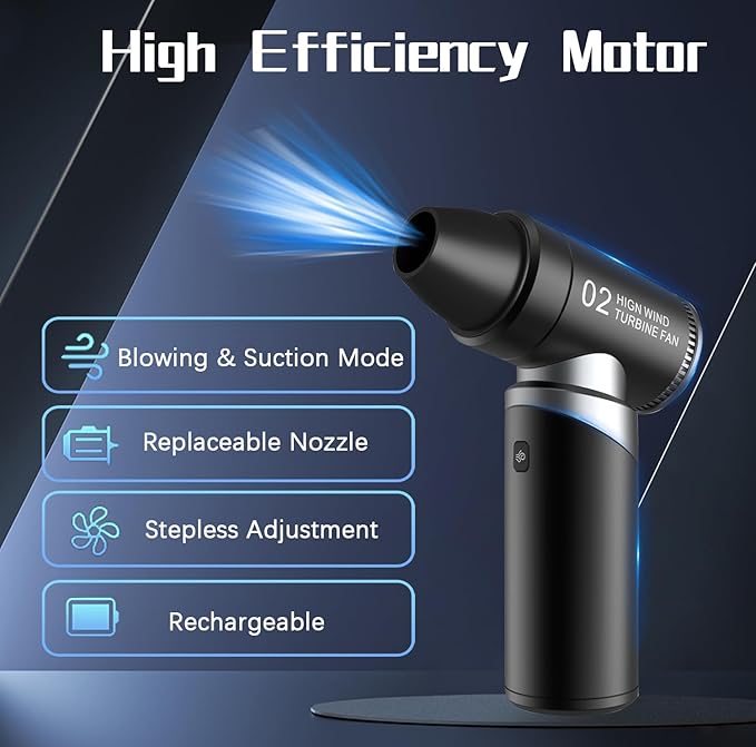 Compressed Air Duster 110000RPM, Powerful 3-Speed Cordless Electric Air Blower with Blow & Exhaust Mode for Car Drying, Deep Keyboard & PC Cleaning, Air Conditioner, Camping, Inflatables & BBQ