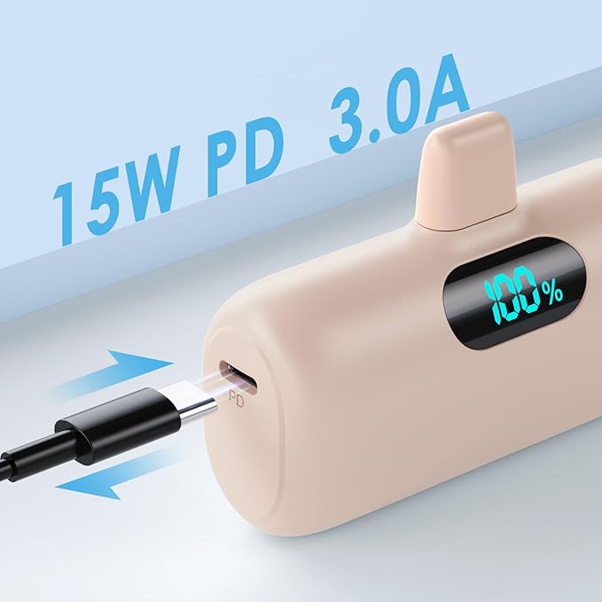 Small Portable Charger for iPhone,5000mAh PD Fast Charging Power Bank, Mini Plug-in Battery Pack Backup Charger Compatible with iPhone 14/14 Pro Max/13/13 Pro/12 Pro/11/XS/XR/X/8/7/6 etc- Light Orange