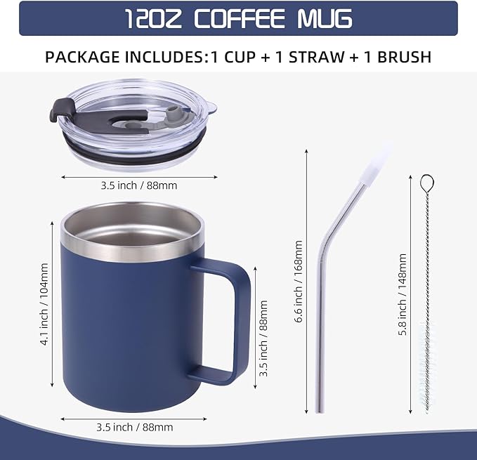 Volhoply 12oz Insulated Leakproof Coffee Mug with Flip & Straw Lid,Double Wall Vacuum Stainless Steel Travel Cafe Tumbler Cup with Handle,Reusable Camping Mugs Keep Cold/Hot(Navy,1 Set)