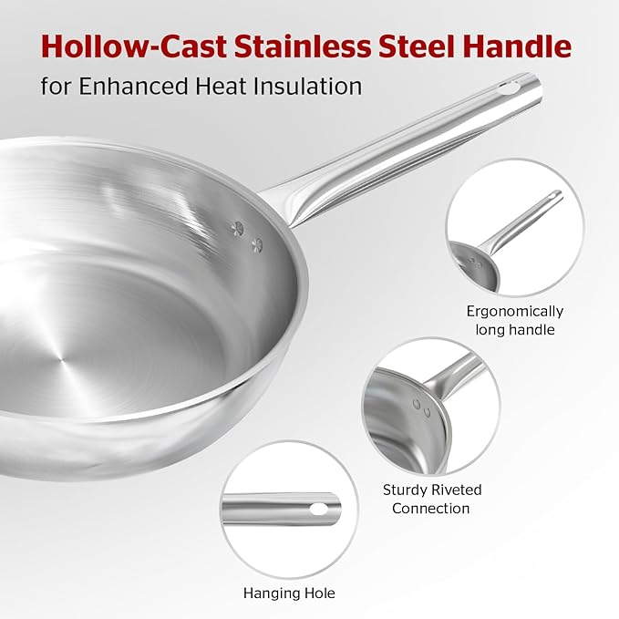 Sunhouse 18/10 11 Inch Stainless Steel Frying Pan, Whole-Clad No Coatings Skillet with Stay-cool Handle for Cooking, Durable & Oven Safe to 500°F, Dishwasher Safe, Compatible with All Cooktops