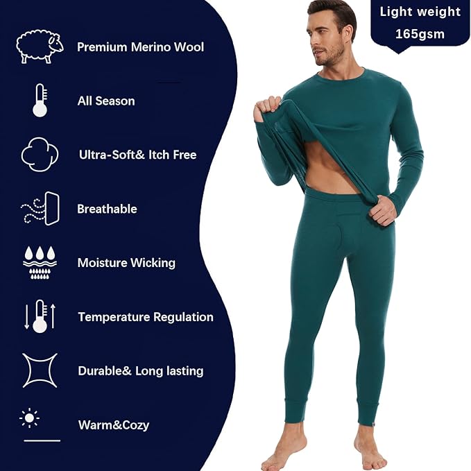 MERINNOVATION Merino Wool Base Layer Set for Men 100% Merino Wool Thermal Underwear Long Sleeve