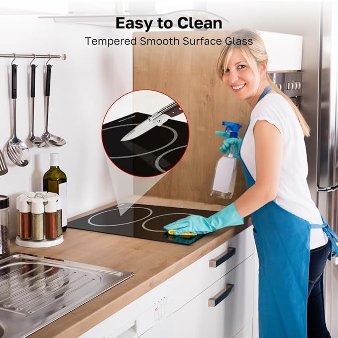 ThermoMate 2 Burners Electric Cooktop, 12 Inch Built in Electric Radiant Stove Top, 3200W Ceramic Glass Cooktop with Sensor Touch Control, 9 Heating Level, Chlid Lock & Timer, 220-240V Hard Wire