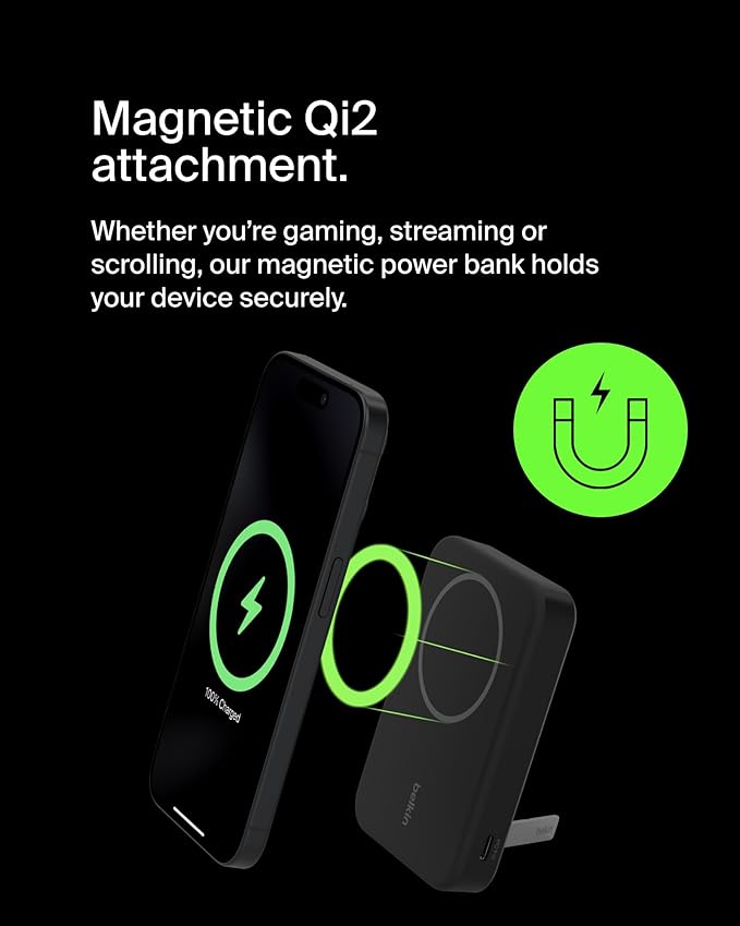 Belkin Portable Charger, Wireless Power Bank 15W 8000 mAh w/ Qi2 - MagSafe Charger w/Built-in Pop-up Kickstand - Compatible w/iPhone 17, Air, Pro, Pro Max, Google Pixel 10, etc. - Black