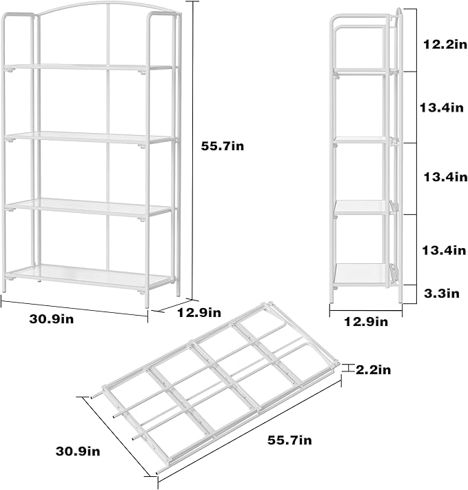 Crofy No Assembly Folding Bookshelf for Living Room, 4 Tier White Collapsible Book Shelf for Home Office, Portable Bookcase Storage Organizer
