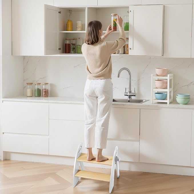 Wooden 2 Step Stool for Kids Bathroom Sink Foldable Anti-Slip 2-Step for Toilet Potty Training, Child Stepping Stool for Kitchen Nursery Bedroom, Sturdy Non Slip Adult Stool for Closet