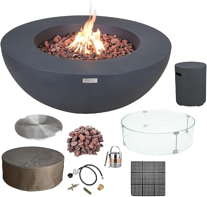 Elementi Lunar Bowl Cast Concrete Fire Table Bundle, Outdoor Fire Pit Fire Table Patio Furniture, Dark Gray (Liquid Propane Gas)