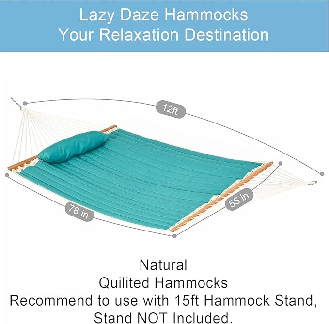 Lazy Daze Hammocks 12FT Quilted Fabric Double Hammock with Pillow, 2 Person Hammock with Spreader Bar for Outdoor Outside Patio Garden Yard Pool Beach (Blue)