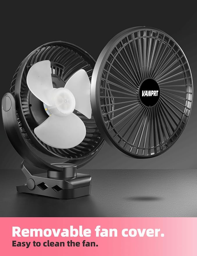 8'' Rechargeable Portable Hanging RV Tent Clip fan with Remote, 10000mAh Camping Fan, 3 Speed, Max 40 Hours Working Time, with LED light and Timer, 720°Rotation, as Emergency Power - Black