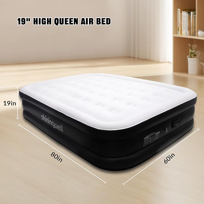 Queen Air Mattress with Portable Air Pump (2000mA) and 2 Inflatable Pillows, 19" High Self-Inflation Inflatable Mattress, Comfortable Blow up Mattress, Air Bed for Camping, Home and Guest