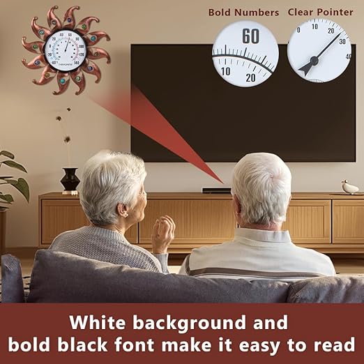 VEWOGITF Sun Outdoor Thermometer, Copper Wall Thermometer No Need Battery, 13.5" Dia Metal Indoor Thermomter with Beads Decor for Patio Home Room