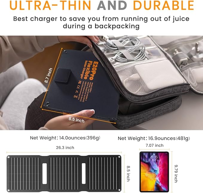 FlexSolar 20W Solar Panel Charger 5V USB-A USB-C Output Portable Foldable Small Power IP67 Waterproof Camping Backpacking Hiking Emergency for Phones Power Banks Flashlight Fans