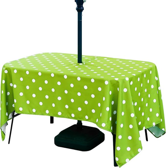 Poise3EHome 60X84 Outdoor/Indoor Waterproof Spillproof Rectangle Tablecloth with Umbrella Hole Zipper for Camping Picnic Party Patio Table Spring, Green Polka Dot
