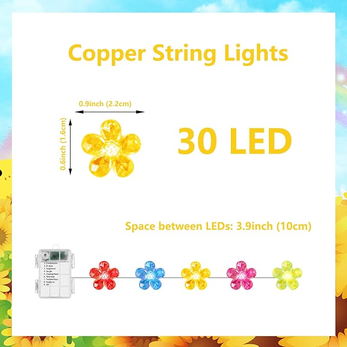 Flowers Fairy Lights 30 LED Copper String Lights with Remote Control & Battery Operated 5 Colors Flowers Lamp for Christmas, Summer, Wedding, Girls Bedroom, Outdoor Decor