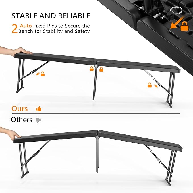 VINGLI 6 feet Plastic Folding Bench,Portable in/Outdoor Picnic Party Camping Dining Seat, Garden Soccer Multipurpose Entertaining Activities, Tree Patterned HDPE Tabletop, 1 Pack, Black