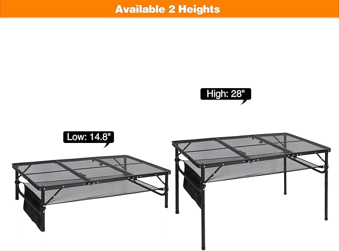 RedSwing Folding Grill Table, Lightweight Portable Grill Stand Table for Outdoor Camping Picnic BBQ, Adjustable Height, 48''x24''x16/28'', Black