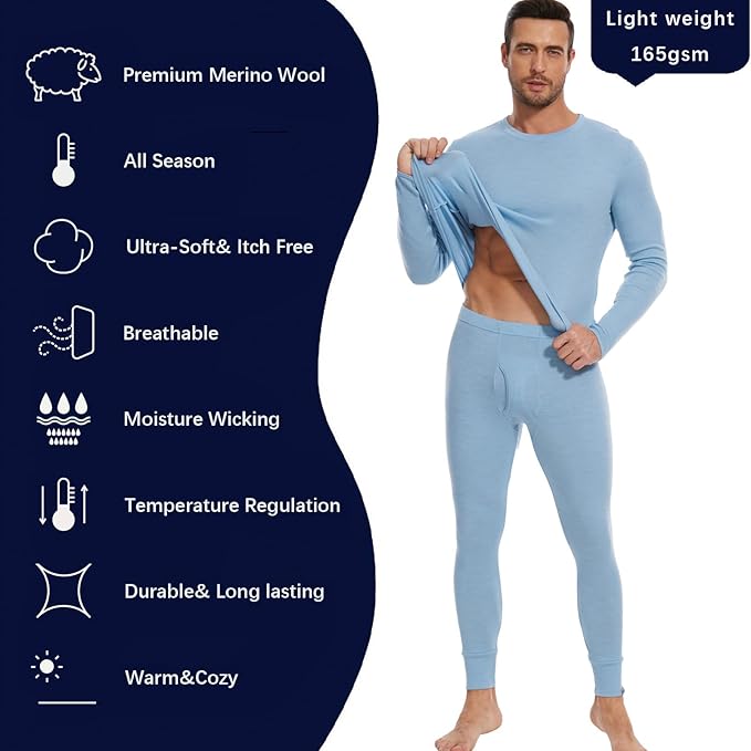MERINNOVATION Merino Wool Base Layer Set for Men 100% Merino Wool Thermal Underwear Long Sleeve