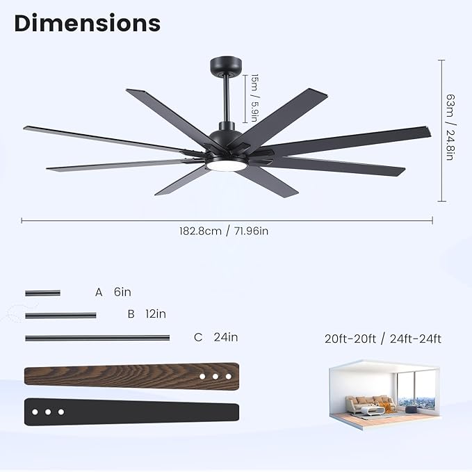 Newday 72 Inch Black Ceiling Fan with Light and Remote, Indoor/Outdoor Silent Reversible DC Motor, 6 Speeds, 3CCT, Timer, 8 Blades, 3 Downrods for Living Room, Patio, Garage
