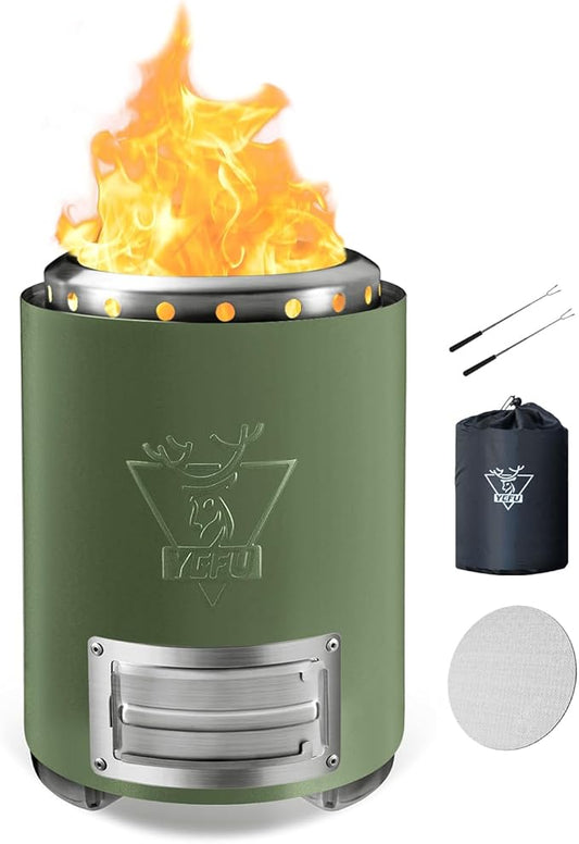 YEFU Tabletop Fire Pit 9.7 x 7.1 in, Flame Intensity Control Camping Stove for Outdoor & Patio, Fueled by Pellets or Wood, Safe Burning Table Top Firepit, with Travel Bag & 2 Mini Sticks, Green