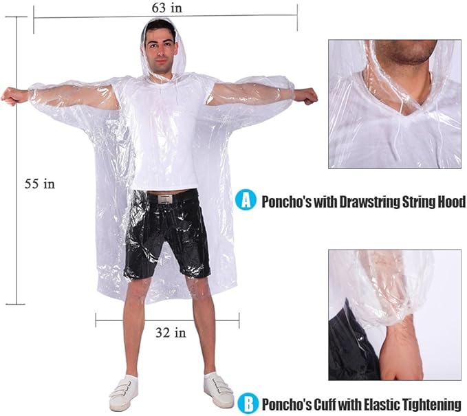 Rain Ponchos,with Drawstring Hood （10 Pack） Emergency Disposable Rain Ponchos Family Pack for Adults,Clear