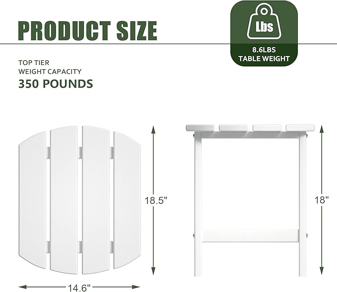 TORVA Patio Adirondack Side Table, Outdoor End Tables All-Weather Resistant HDPE Humidity-Proof Long Time Use for Deck, Lawn,Garden, Porch, Backyard End Table(White Color-1 Tier)