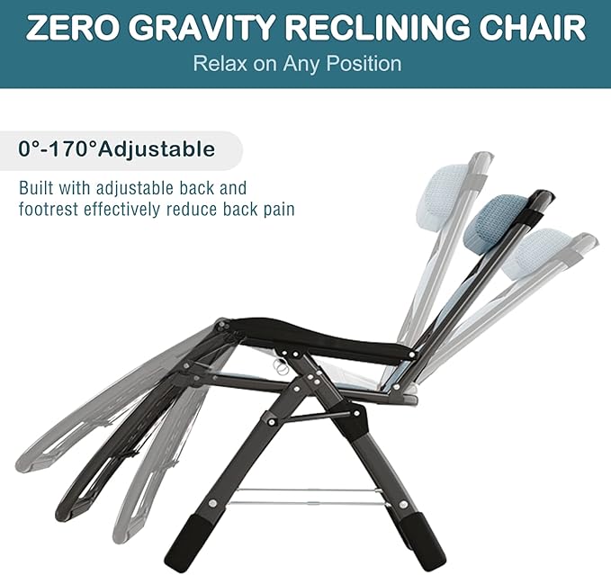 NAIZEA Padded Zero Gravity Chair, Cooling Fabric Folding Outdoor Lounge Chairs, Adjustable Reclining Camping Chairs with Cup Holder, Ergonomic Patio Lawn Chair for Balcony Beach Deck Yard