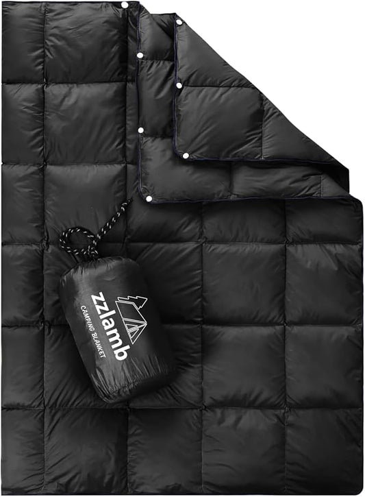 zzlamb Puffy Down Camping Blanket Water-Repellent, Down Throw Travel Blanket Portable for Outdoor, Light Warm Quilt for Couch Plane Car Theater Stadium Picnic RV Backpacking Hammock