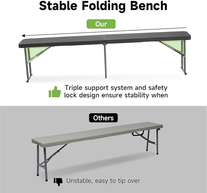 Real Relax 6' Picnic Table with 2 Benches, 3 Piece Black Wood Grain Portable HDPE Folding Camping Table and Benches for Courtyard, Garden, Outdoor Leisure, Party