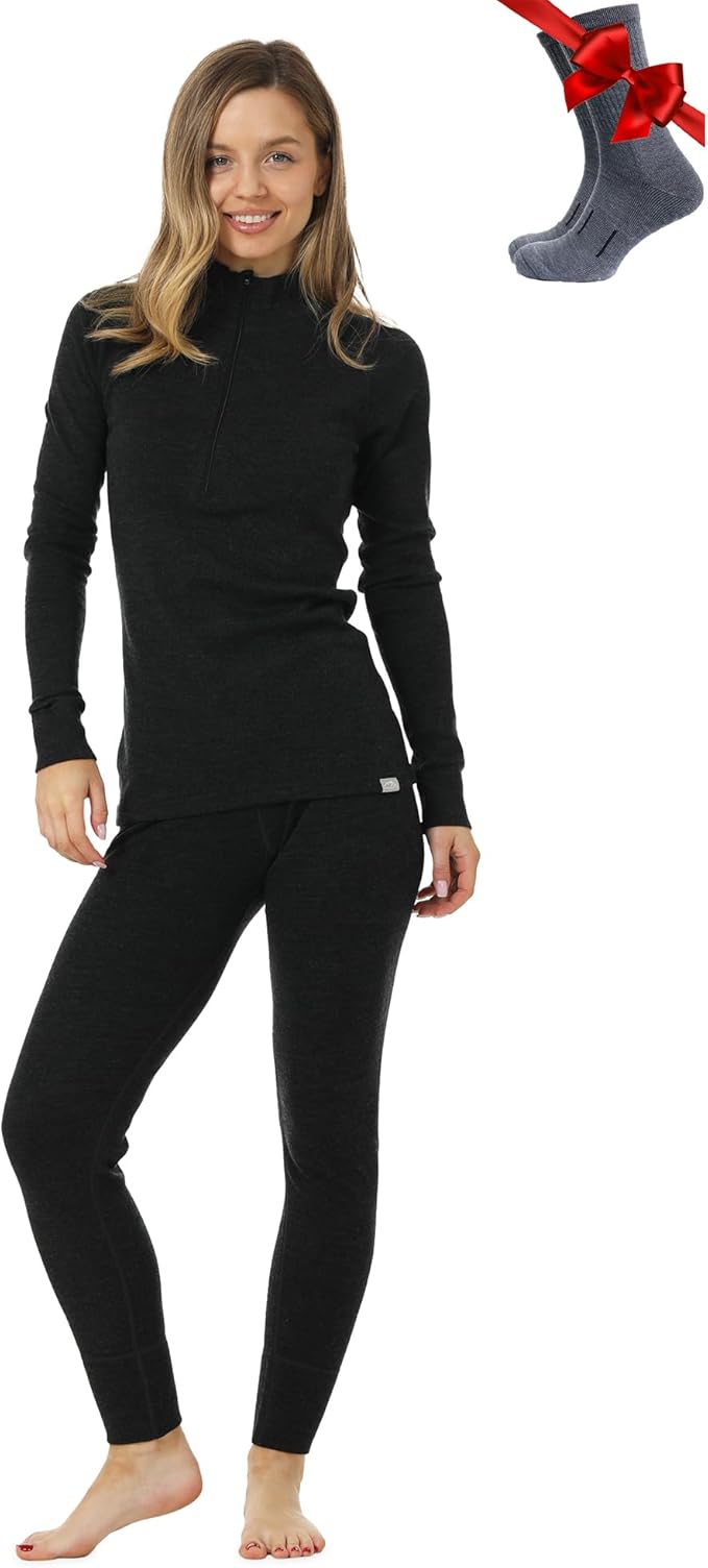 Merino.tech Merino Wool Base Layer Women Set - Heavyweight, Lite, Midweight Merino Thermal Underwear For Women Top, Bottom