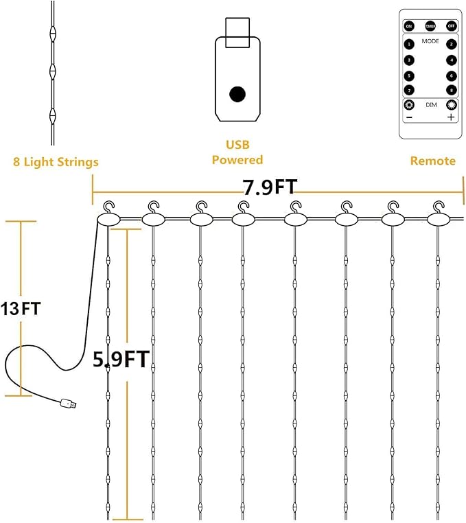 YEOLEH String Lights Curtain,7.9 x 5.9Ft 144LEDs USB Powered Fairy Lights for Bedroom Wall Decor,8 Modes & IP64 Waterproof Ideal for Outdoor Indoor Home Garden Party Holiday Halloween Room,Warm White