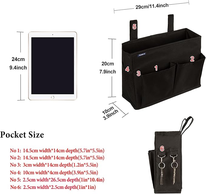 Surblue Caddy Hanging Organizer Bedside Storage Bag for Bunk and Hospital Beds, Black, Small