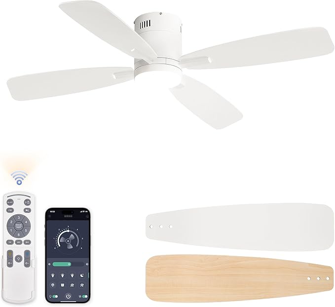 LEDIARY 52 inch Ceiling Fans with Lights and Remote Control,Flush Mount Ceiling Fan with Quiet Reversible DC Motor,White Modern Low Profile Ceiling Fan with Light for Bedroom Living Room Patio