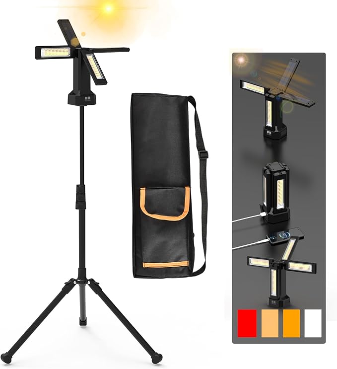 13200mAh Rechargeable Solar Work Light IP64 Waterproof with Folding Stand and Carrying Bag, AODOO 8000 Lumen Cordless Camping Light, White/Warm/Nature White/RED/SOS