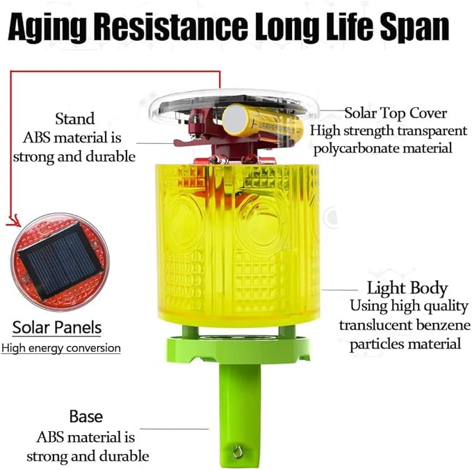 Solar Strobe Warning Light, Super Bright Single Column Solar Emergency Strobe Warning Light, Flashing Barricade Safety Road Construction Traffic Flashing (Yellow)