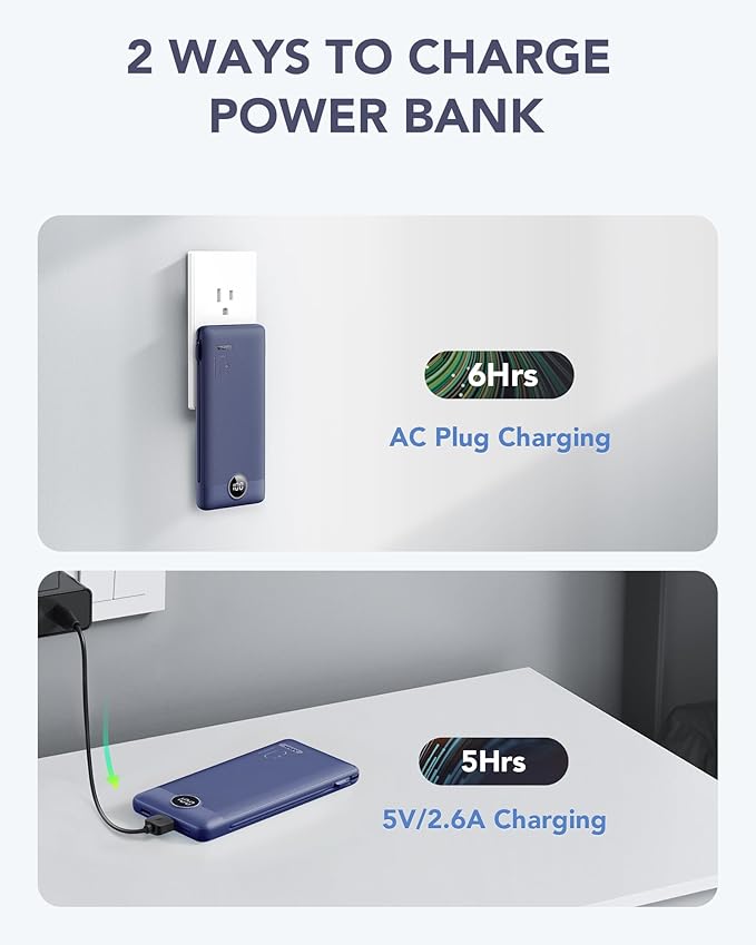 VRURC Portable Charger Built-in Cables and AC Wall Plug, USB C Power Bank 10000mAh, Travel Battery Portable Phone Charger Compact Lightweight External Battery Pack for Smart Phones, Tablets etc-Navy